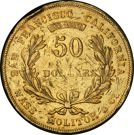 Picture of 1855 WASS, MOLITOR & CO $50, WASS, MOLITOR & CO. XF45 