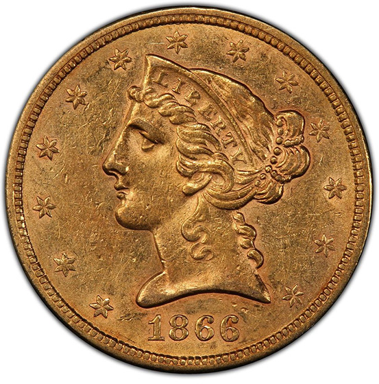 Picture of 1866-S LIBERTY $5, NO MOTTO AU58 