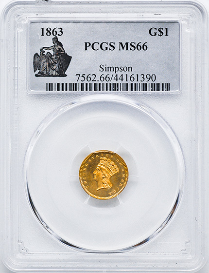 Picture of 1863 GOLD G$1, TYPE 3 MS66 