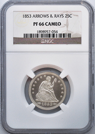 Picture of 1853 LIBERTY SEATED 25C, ARROWS AND RAYS PR66 Cameo