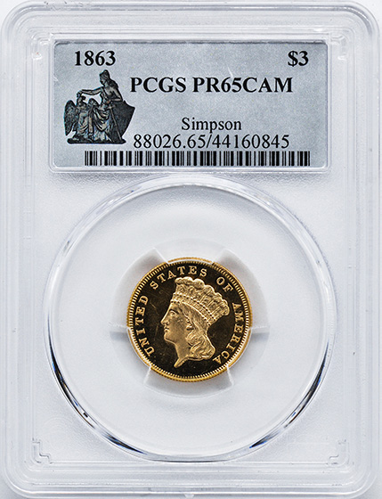 Picture of 1863 INDIAN PRINCESS $3 PR65 Cameo