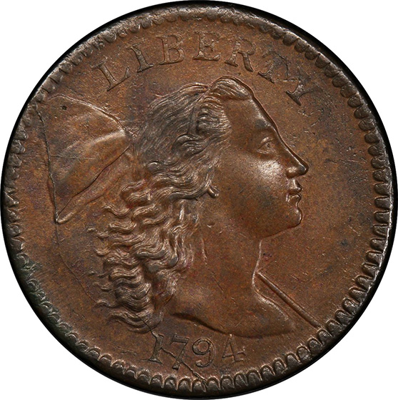 Picture of 1794 FLOWING HAIR LARGE 1C, HEAD OF 1794, LIBERTY CAP, DEN MS63 Brown