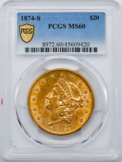 Picture of 1874-S LIBERTY HEAD $20 MS60 