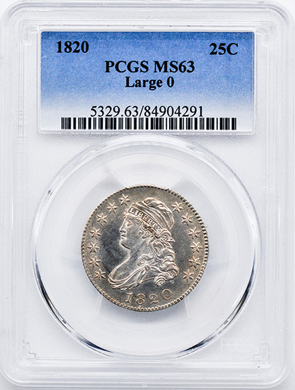 Picture of 1820 CAPPED BUST 25C, LARGE 0 MS63 