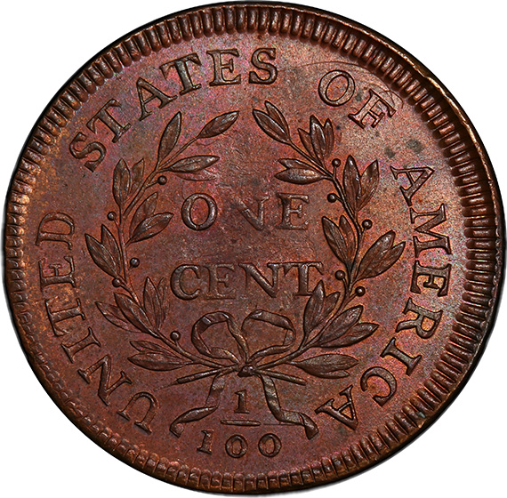 Picture of 1797 DRAPED BUST 1C, REV OF 1797, STEMS MS65 Red Brown