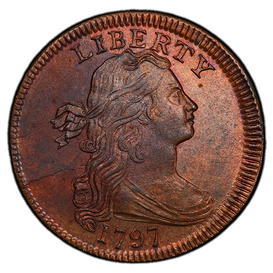 Picture of 1797 DRAPED BUST 1C, REV OF 1797, STEMS MS65 Red Brown