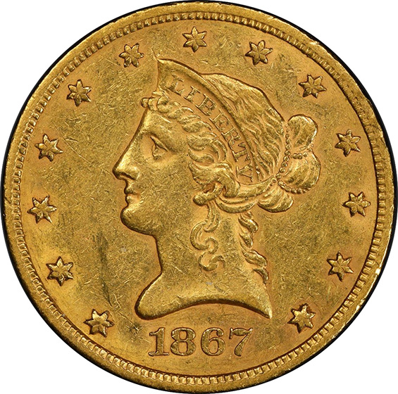 Picture of 1867-S LIBERTY HEAD $10 AU55+ 