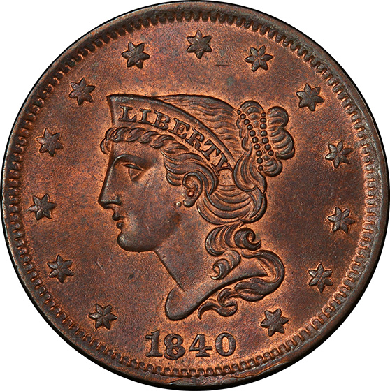 Picture of 1840 BRAIDED HAIR 1C, SMALL/LARGE 18 MS66 Red Brown