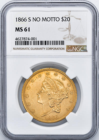 Picture of 1866-S LIBERTY HEAD $20, NO MOTTO MS61 