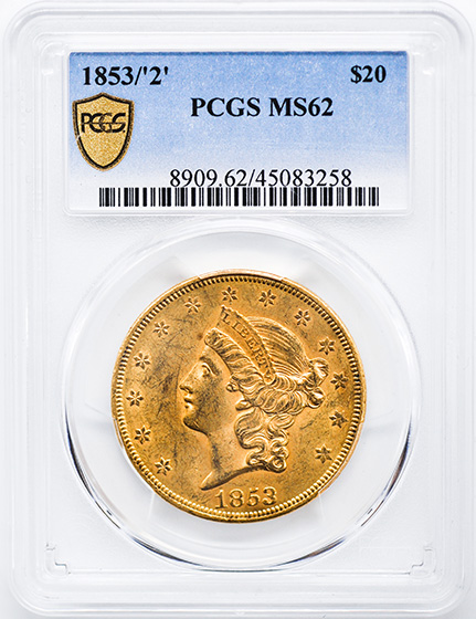 Picture of 1853/2 LIBERTY HEAD $20, OVERDATE MS62 