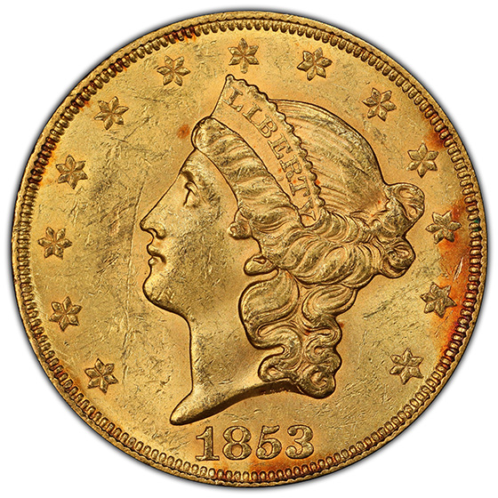 Picture of 1853/2 LIBERTY HEAD $20, OVERDATE MS62 