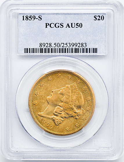Picture of 1859-S LIBERTY HEAD $20 AU50 