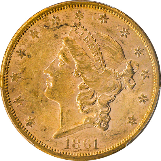 Picture of 1861-S LIBERTY HEAD $20 AU58 