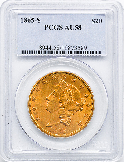 Picture of 1865-S LIBERTY HEAD $20 AU58 