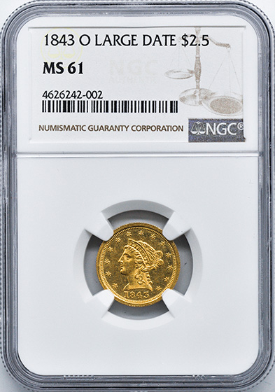 Picture of 1843-O LIBERTY HEAD $2.5, LARGE DATE MS61 