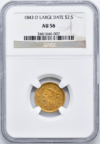 Picture of 1843-O LIBERTY HEAD $2.5, LARGE DATE AU58 