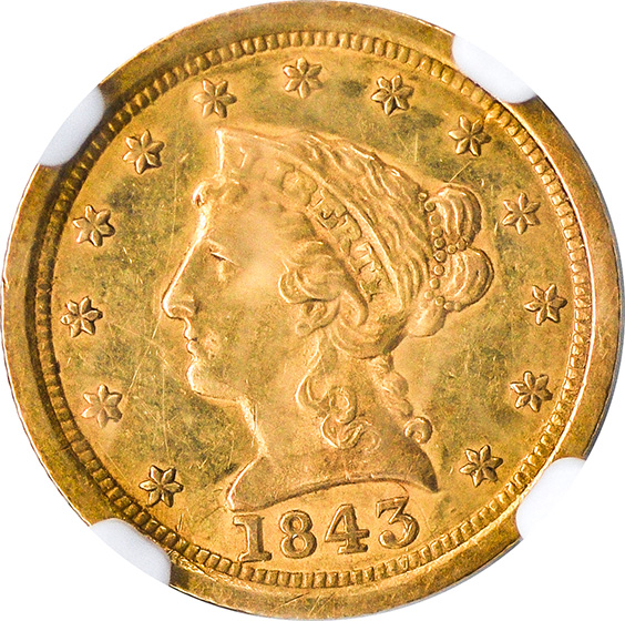 Picture of 1843-O LIBERTY HEAD $2.5, LARGE DATE AU58 