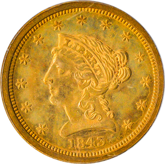 Picture of 1843-O LIBERTY HEAD $2.5, SMALL DATE MS62 