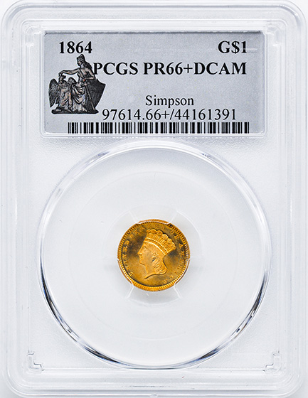 Picture of 1864 GOLD G$1, TYPE 3 PR66+ Deep Cameo