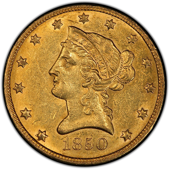 Picture of 1850 LIBERTY HEAD $10, SMALL DATE AU58 