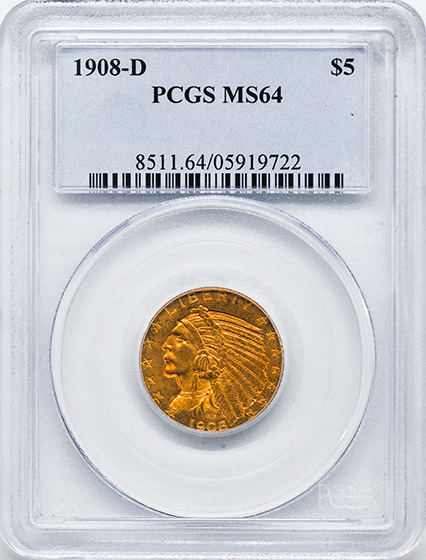 Picture of 1908-D INDIAN HEAD $5 MS64 