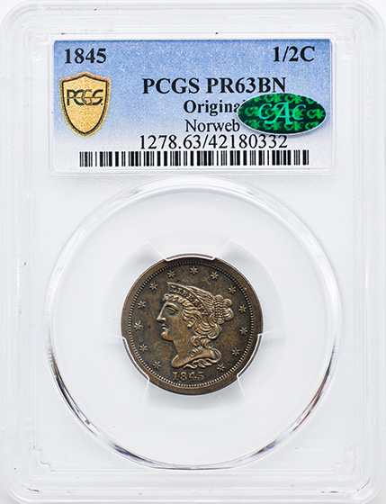 Picture of 1845 BRAIDED HAIR 1/2C, ORIGINAL PR63 Brown