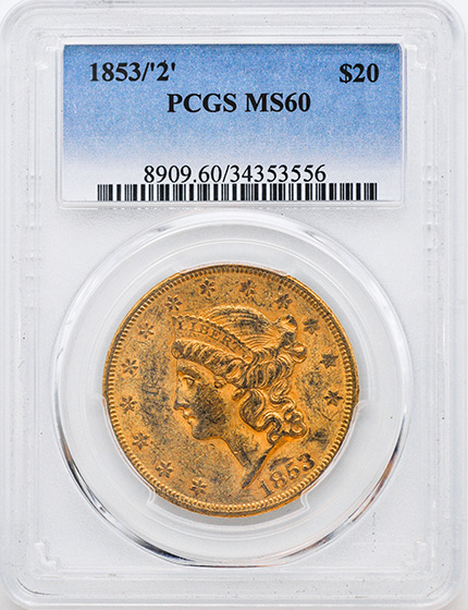 Picture of 1853/'2'LIBERTY HEAD $20, OVERDATE MS60 