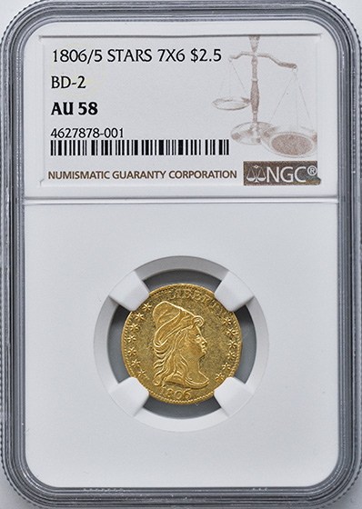 Picture of 1806/5 DRAPED BUST $2.5, 7X6 STARS AU58 