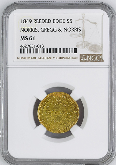 Picture of 1849 REEDED EDGE NORRIS GN $5 MS61 