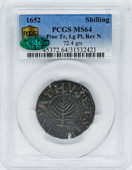 Picture of 1652 PINE TREE SHILLING, PINE TR, LG PL, REV N MS64 