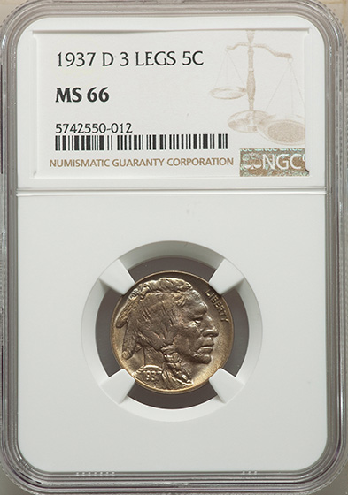 Picture of 1937-D BUFFALO 5C, 3 LEGS MS66 