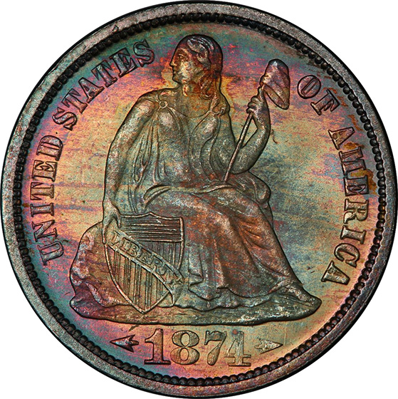 Picture of 1874 LIBERTY SEATED 10C, ARROWS MS67+ 