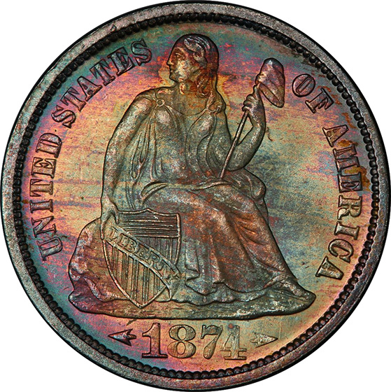 Picture of 1874 LIBERTY SEATED 10C, ARROWS MS67+ 