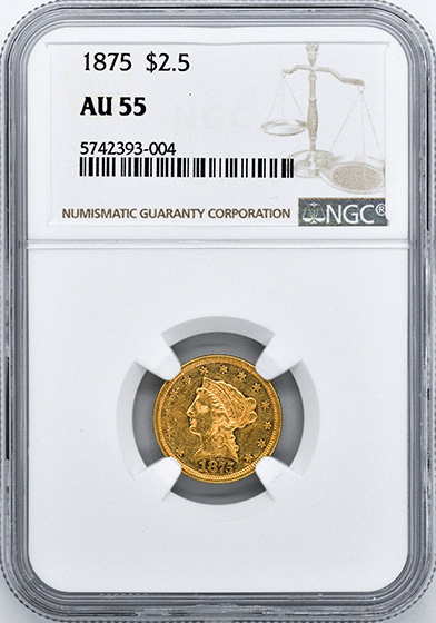Picture of 1875 LIBERTY HEAD $2.5 AU55 