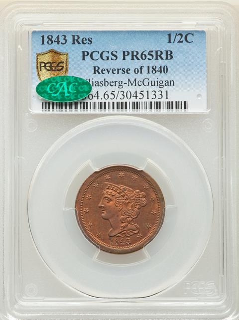 Picture of 1843 BRAIDED HAIR 1/2C, RESTRIKE PR65 Red Brown