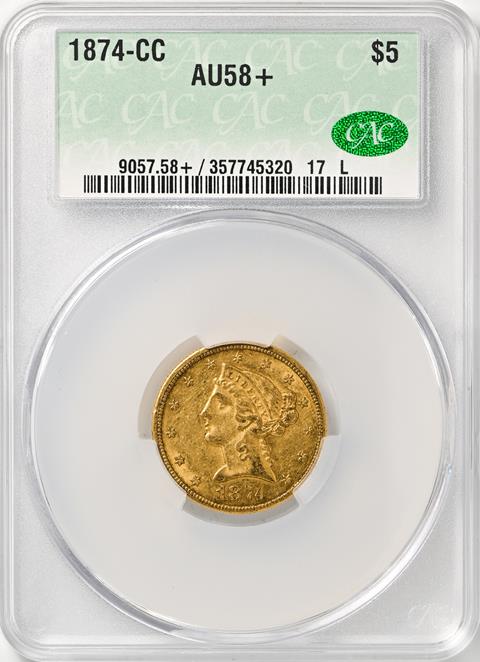 Picture of 1874-CC LIBERTY $5 AU58+ 