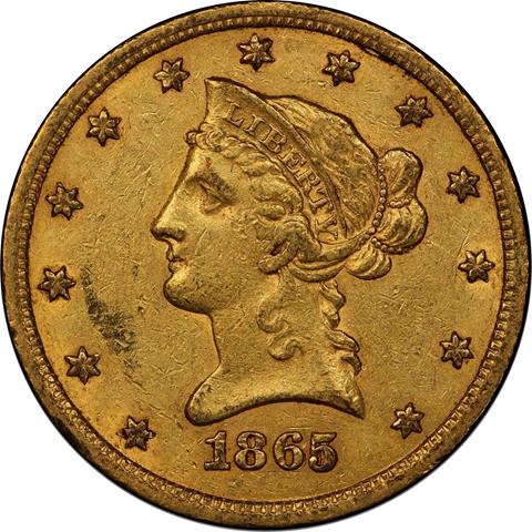 Picture of 1865/INV 186-S LIBERTY HEAD $10, 865/INVERTED 186 AU55 