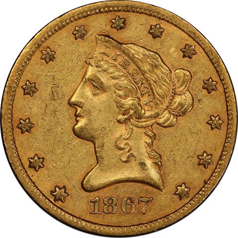 Picture of 1867-S LIBERTY HEAD $10 AU55 