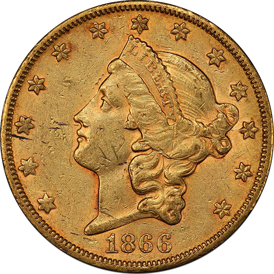 Picture of 1866-S LIBERTY HEAD $20, NO MOTTO AU58 