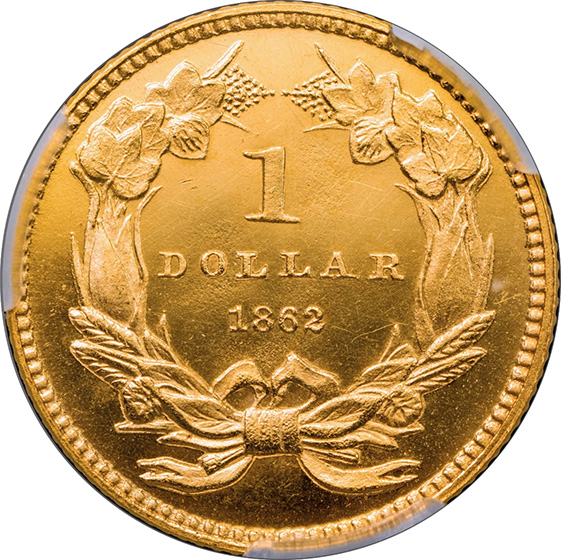 Picture of 1862 GOLD G$1, TYPE 3 PR65+ Deep Cameo