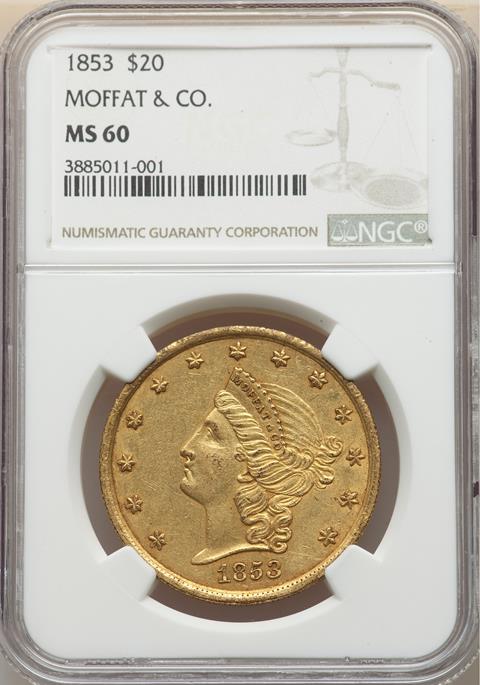 Picture of 1853 MOFFAT $20 MS60 