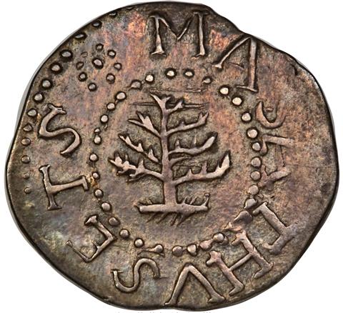 Picture of 1652 PINE TREE THREEPENCE, NO PELLETS AT TRUNK MS62 