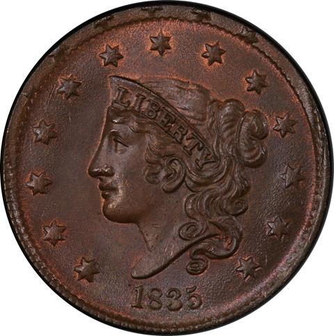 Picture of 1835 CORONET HEAD 1C, HEAD OF 1836 MS66+ Brown
