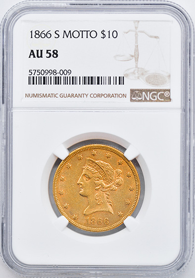 Picture of 1866-S LIBERTY HEAD $10, MOTTO AU58 