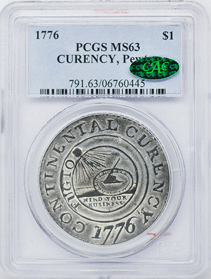 Picture of 1776 CONTINENTAL $1, CURENCY, PEWTER MS63 