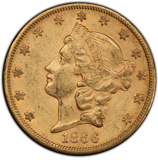 Picture of 1866-S LIBERTY HEAD $20, NO MOTTO AU58 