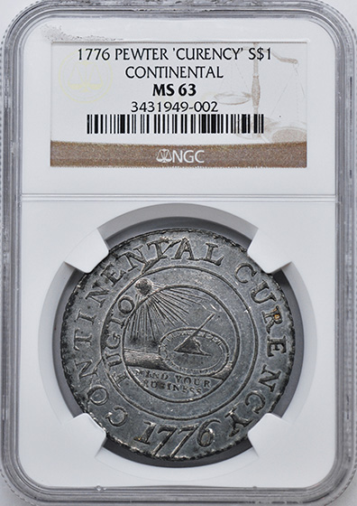 Picture of 1776 CONTINENTAL $1, CURENCY, PEWTER MS63 