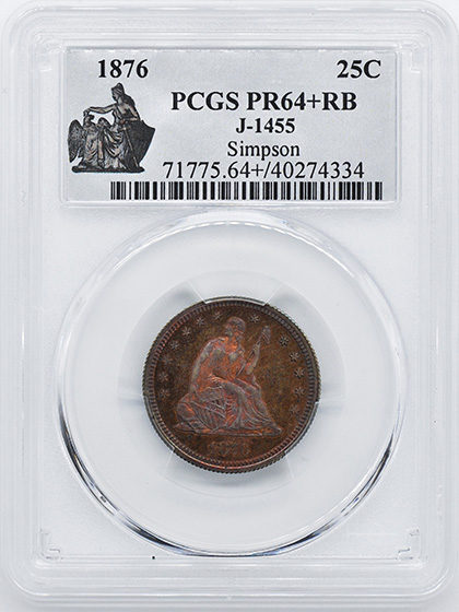 Picture of 1876 SEATED 25C, J-1455 PR64+ Red Brown