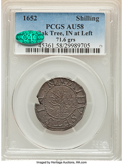 Picture of 1652 OAK TREE SHILLING, IN AT LEFT AU58 