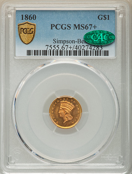 Picture of 1860 GOLD G$1, TYPE 3 MS67+ 